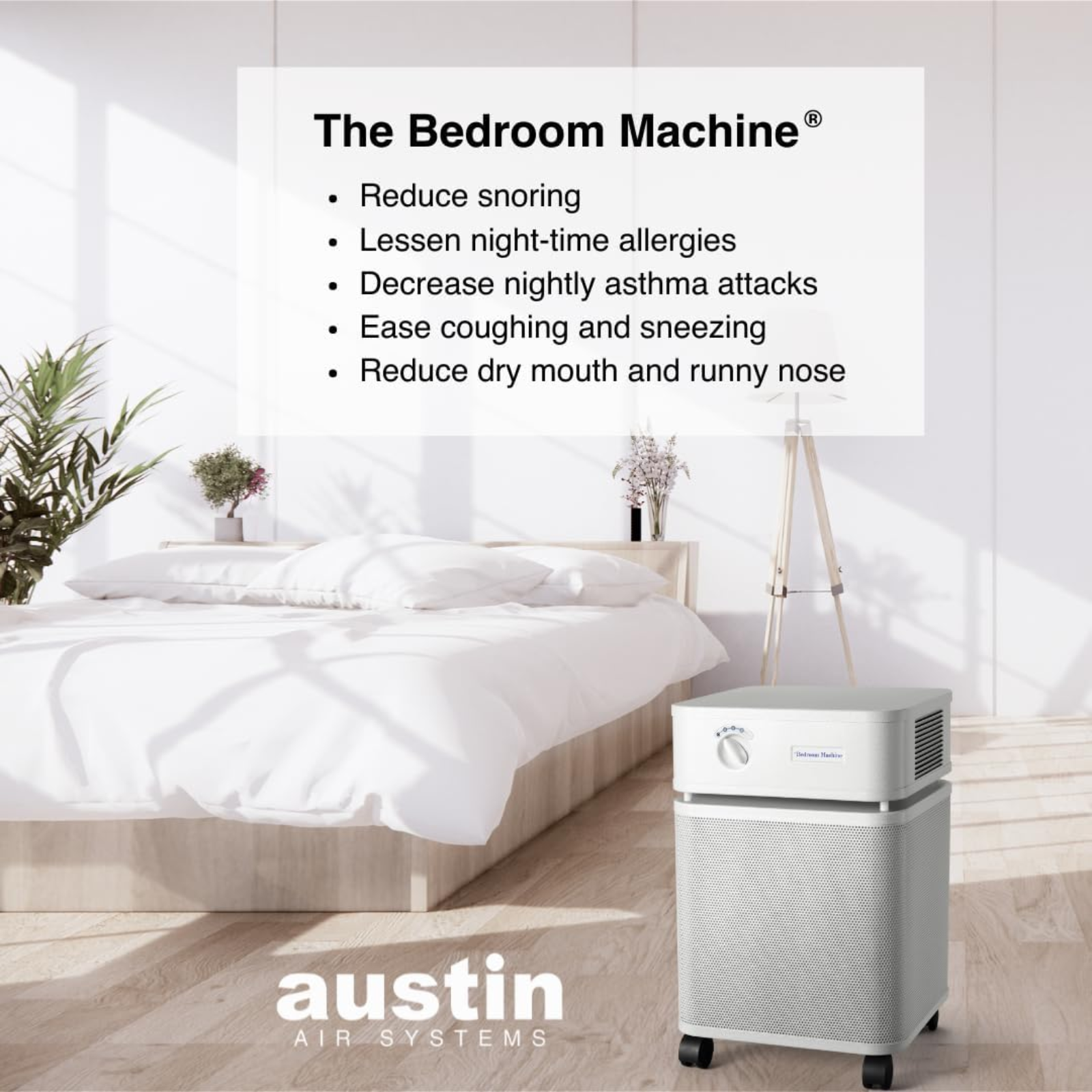 Austin Air HEPA Bedroom Machine in a modern bedroom setting promoting better sleep and reduced allergies.