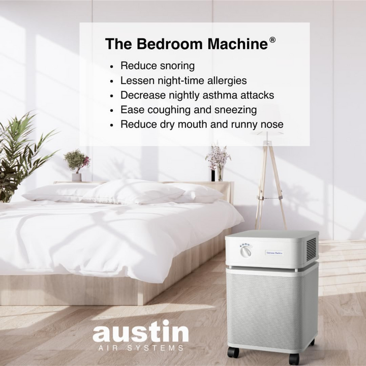 Austin Air HEPA Bedroom Machine in a modern bedroom setting promoting better sleep and reduced allergies.