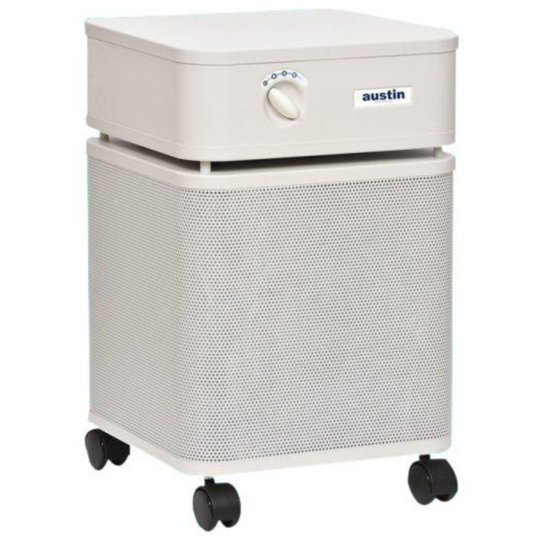 Austin Air HealthMate Standard Machine HM400 HEPA air cleaner in white with wheels, designed for air quality improvement.