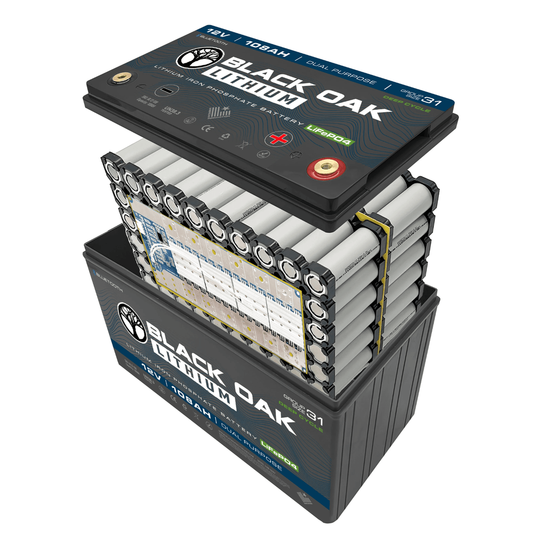 Black Oak Lithium 36V 60Ah deep cycle motor battery with Bluetooth connectivity, showing the black battery case and terminals.