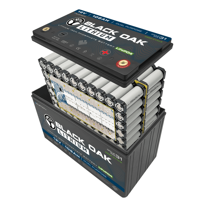 Black Oak Lithium 36V 60Ah deep cycle motor battery with Bluetooth connectivity, showing the black battery case and terminals.