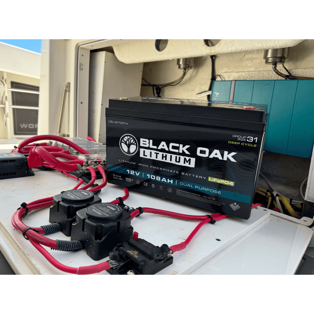Black Oak Lithium 36V 60Ah deep cycle motor battery with Bluetooth connectivity, shown with black casing and battery terminals