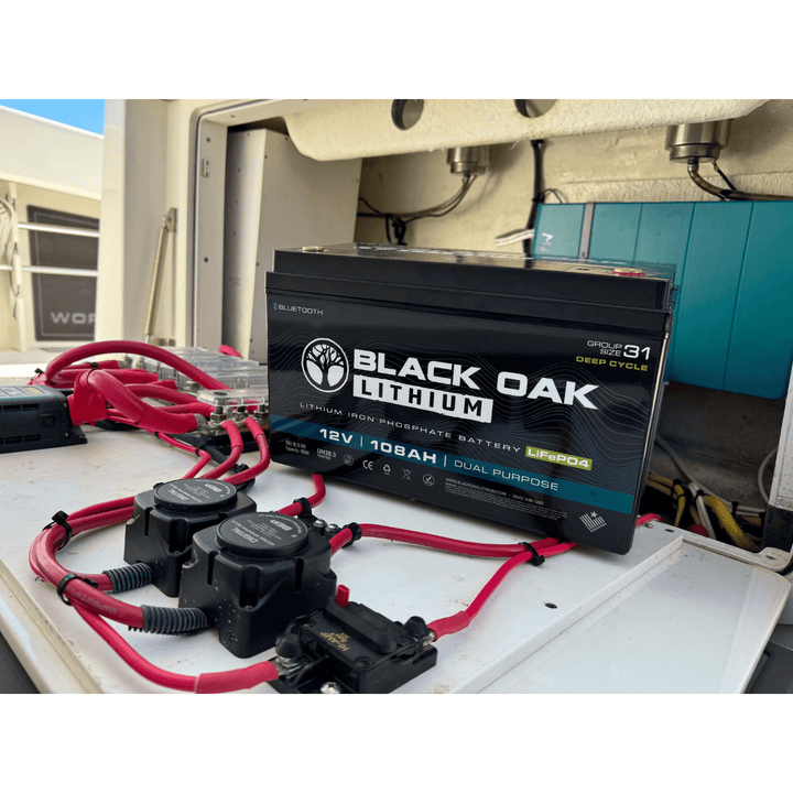 Black Oak Lithium 36V 60Ah deep cycle motor battery with Bluetooth connectivity, shown with black casing and battery terminals