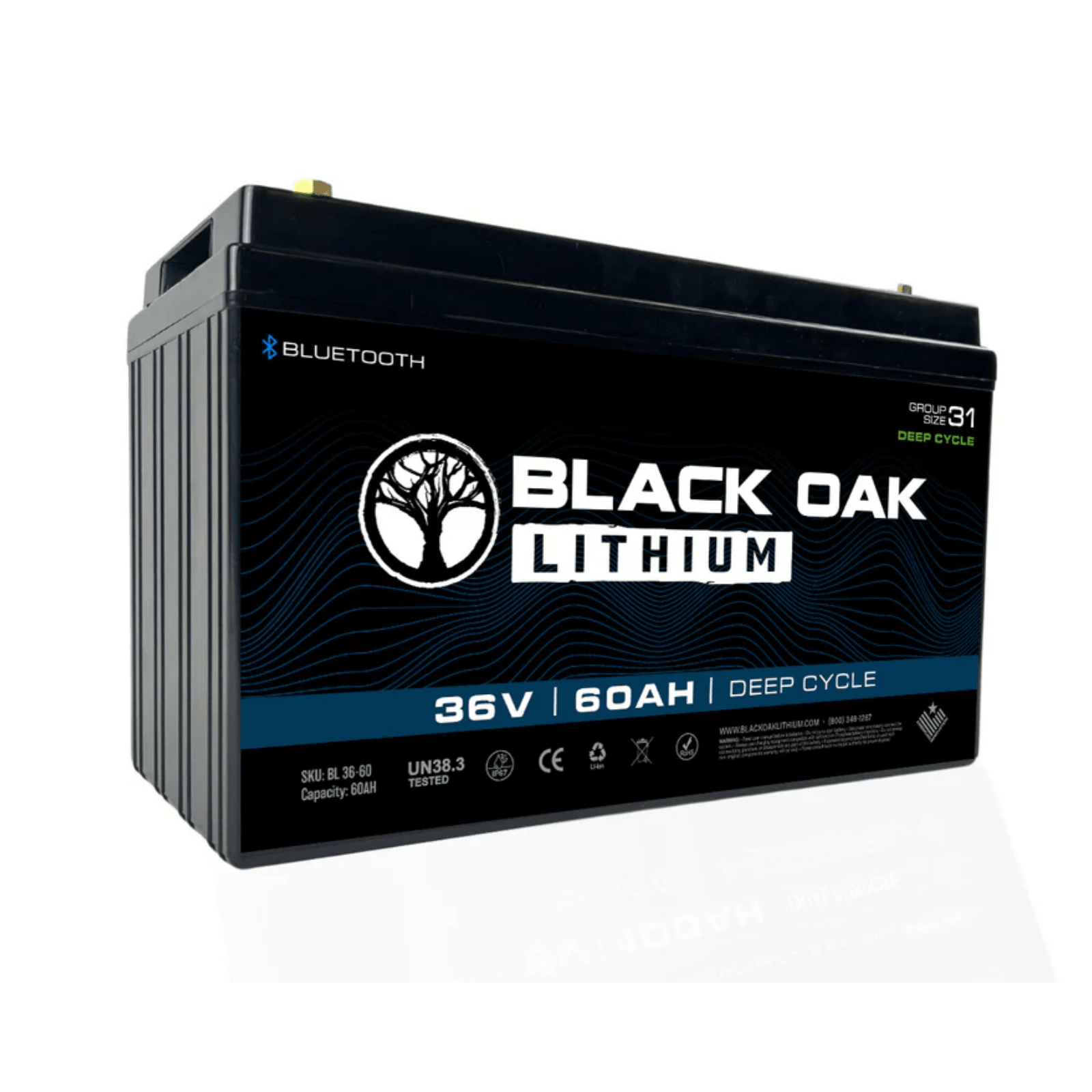 Black Oak Lithium 36V 60Ah deep cycle motor battery with Bluetooth connectivity, showing the black battery case and terminals.