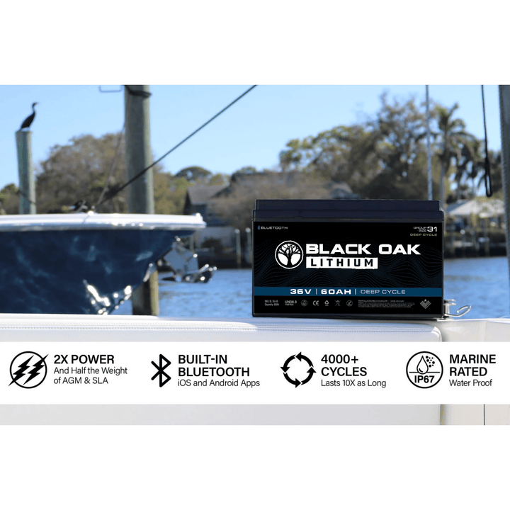 Black Oak lithium 36V 60Ah deep cycle motor battery with Bluetooth connectivity, showing the battery&