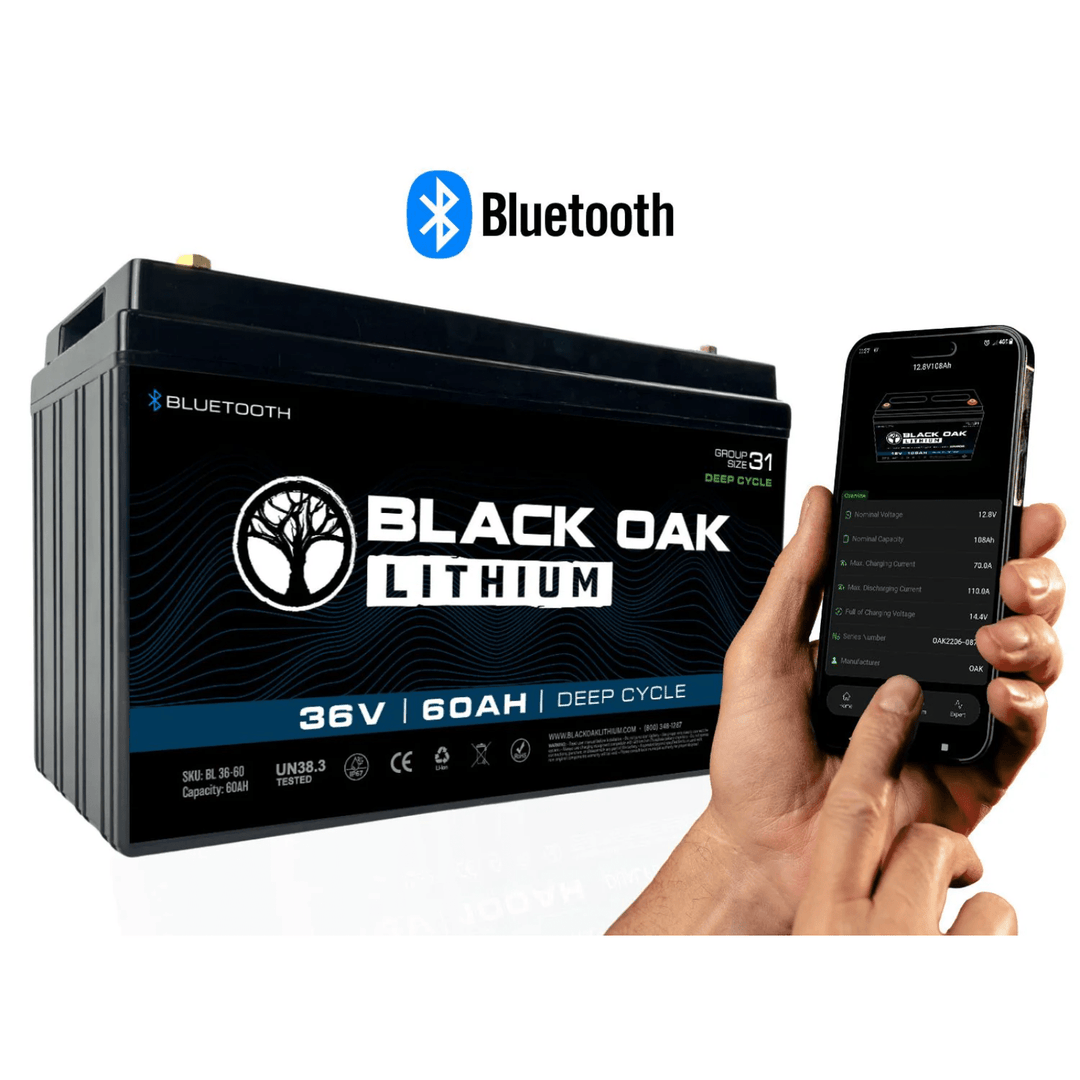 Black Oak Lithium 36V 60Ah deep cycle motor battery with Bluetooth connectivity, showing the black battery case with branding.