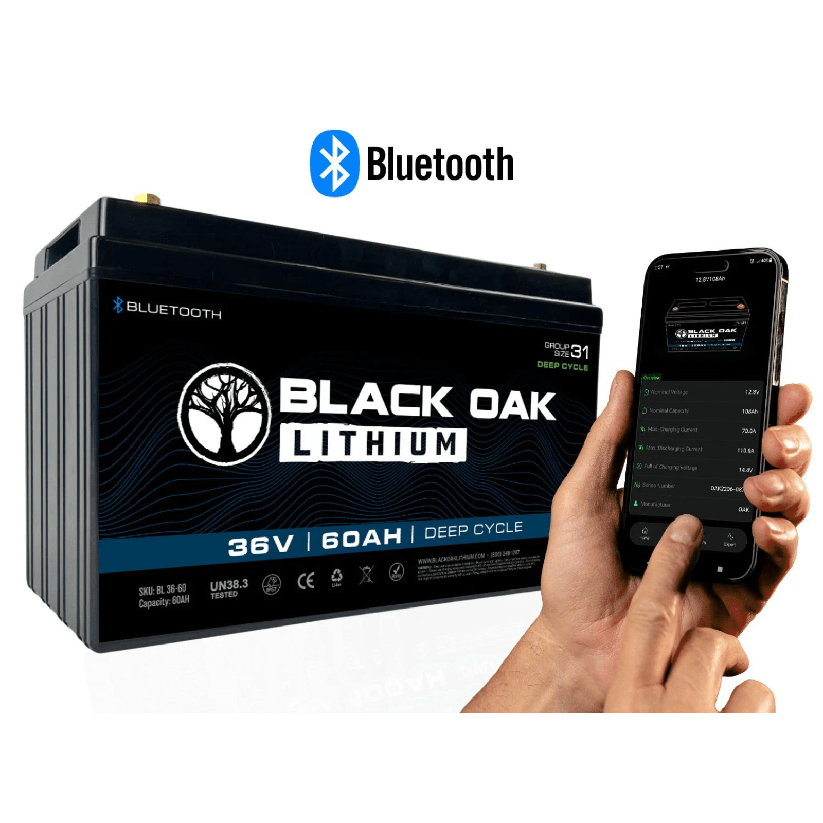 Black Oak Lithium 36V 60Ah deep cycle motor battery with Bluetooth connectivity, showing the black battery case with branding.