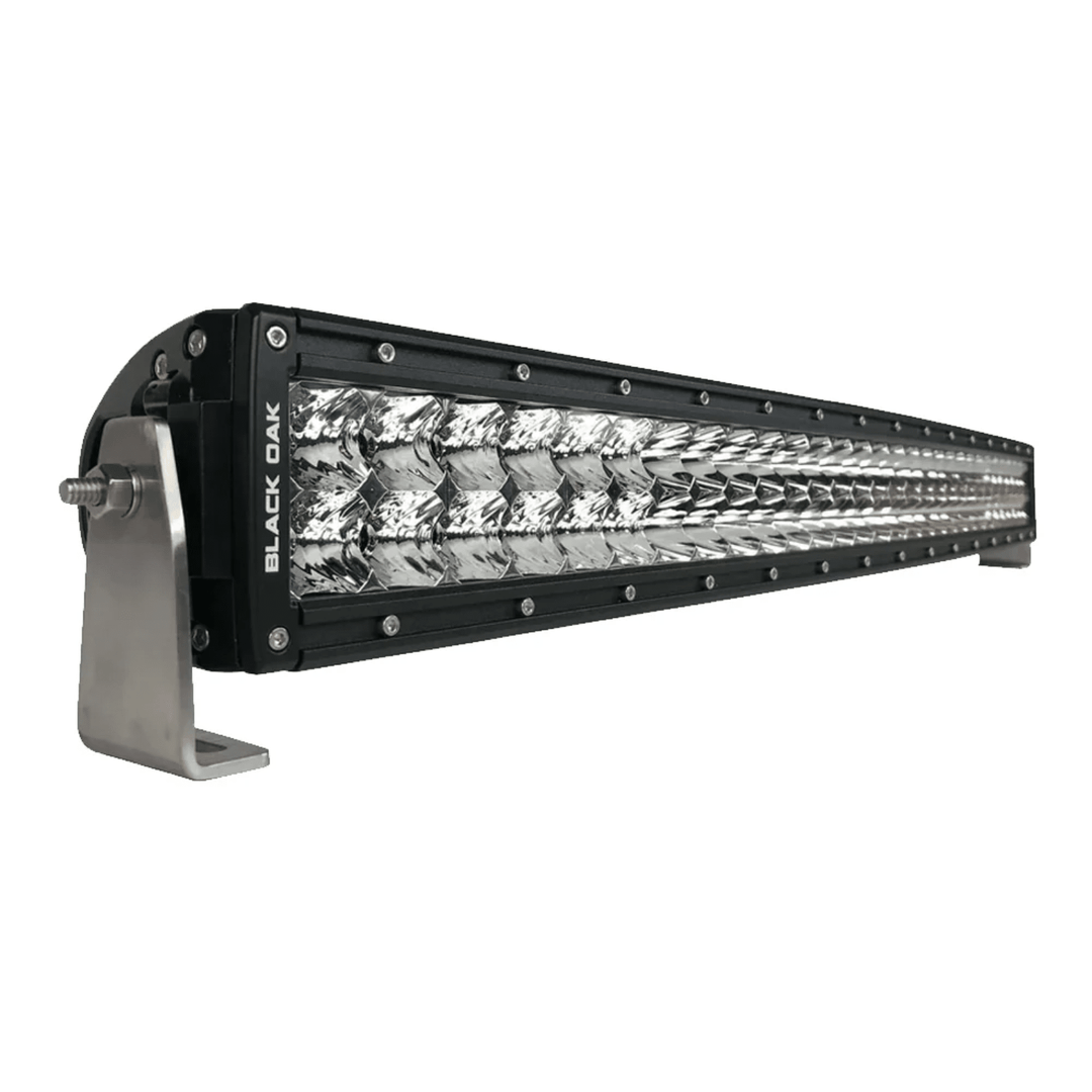 Black Oak 30-inch LED light bar with curved double-row optics, black housing, and 5W LED bulbs for enhanced visibility.
