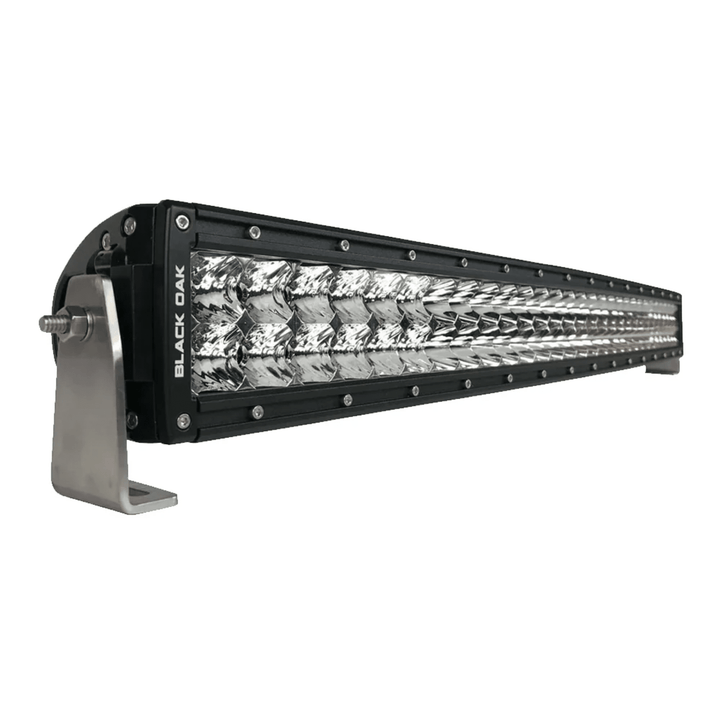 Black Oak 30-inch LED light bar with curved double-row optics, black housing, and 5W LED bulbs for enhanced visibility.