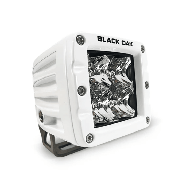 Black Oak LED 2-inch marine pod light with flood optics, white housing, 10-watt Cree LED for outdoor marine lighting.