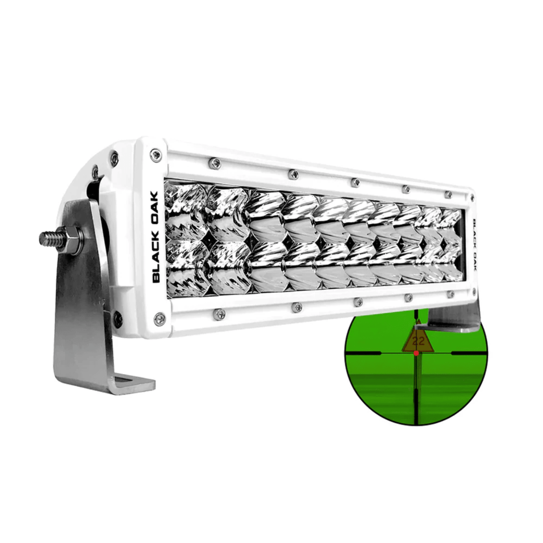 Black Oak LED 10-inch infrared marine light bar with double row optics, white LED lighting, and combo optics for enhanced visibility.
