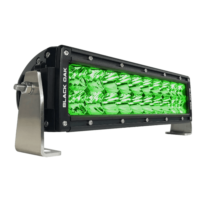 Black Oak LED 10-inch green hog hunting light bar with combo optics and black housing for outdoor hunting and illumination.