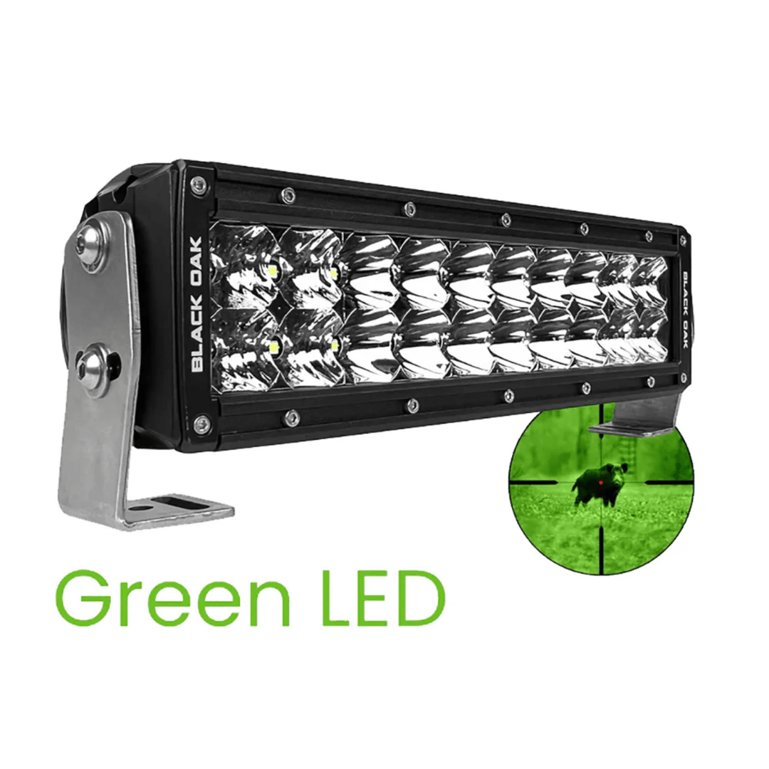 Black Oak LED 10-inch green LED hog hunting light bar with combo optics and black housing for outdoor hunting illumination.