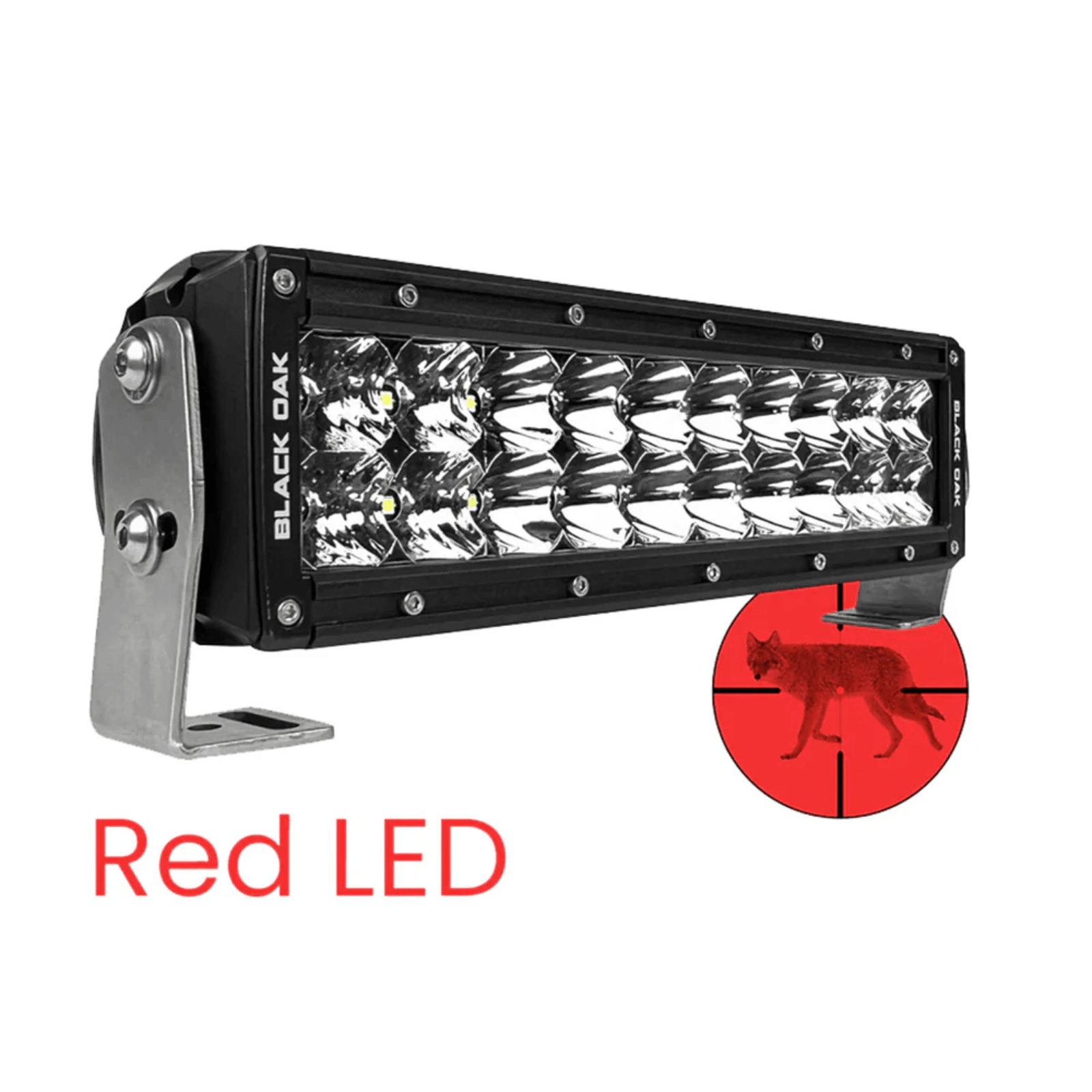 Black Oak 10-inch red LED predator light bar with combo optics, durable black housing, ideal for off-road and outdoor lighting.