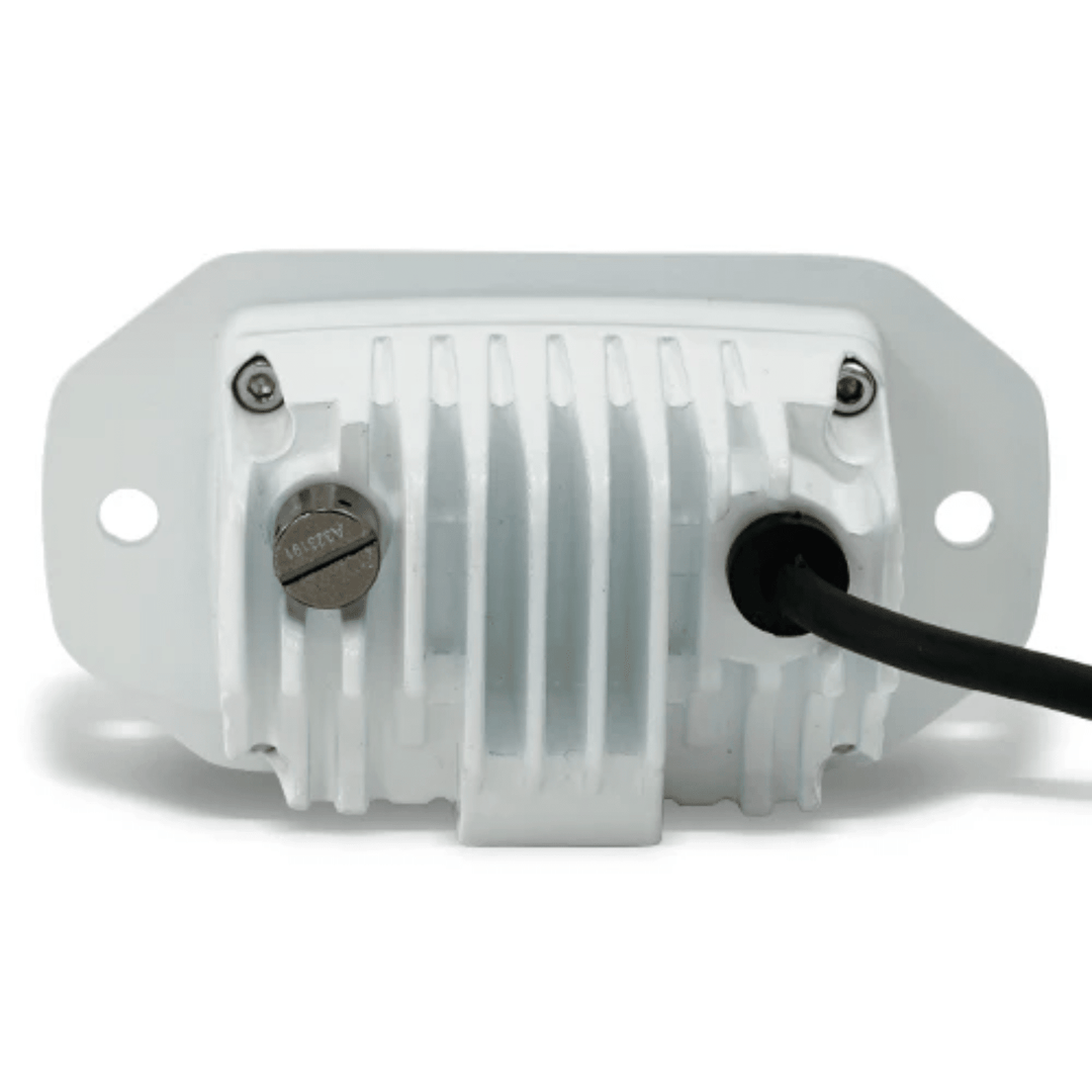 Black Oak LED marine flush mount spreader light, 2-inch white housing, black finish, ideal for boat lighting.