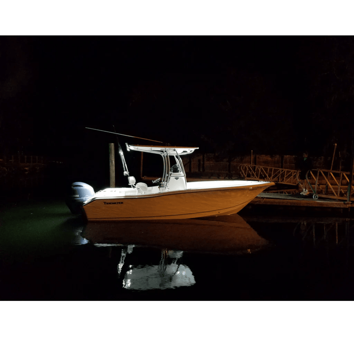 Black Oak LED 2-inch marine flush mount spreader light with white housing, ideal for boat lighting and outdoor marine applications.