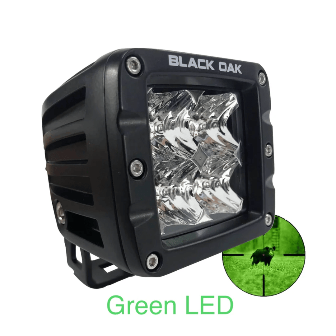 Black Oak 2-inch green LED hog pod light with flood optics, black finish, ideal for outdoor LED lighting applications.