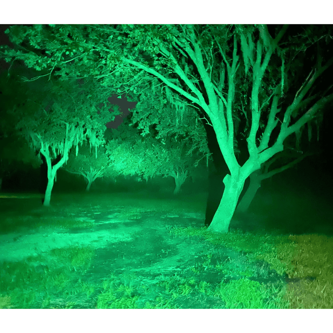 Black Oak LED 2-inch green hog pod flood light with black housing and flood optics, designed for outdoor lighting applications.