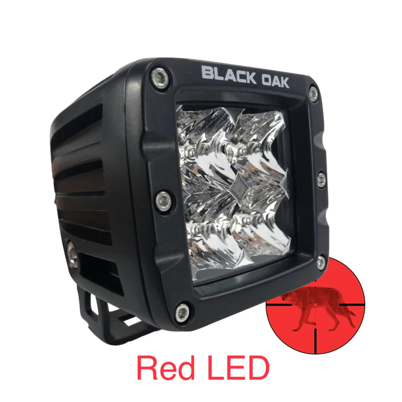 Black Oak 2-inch Red LED Predator Pod Light with flood optics, designed for outdoor LED lighting applications.