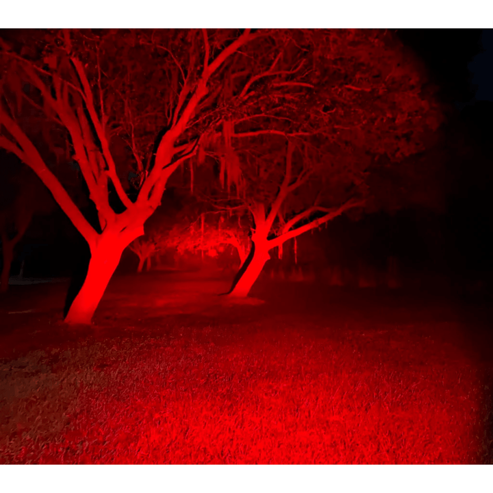 Black Oak LED 2-inch red predator pod light with flood optics, ideal for outdoor LED lighting applications.