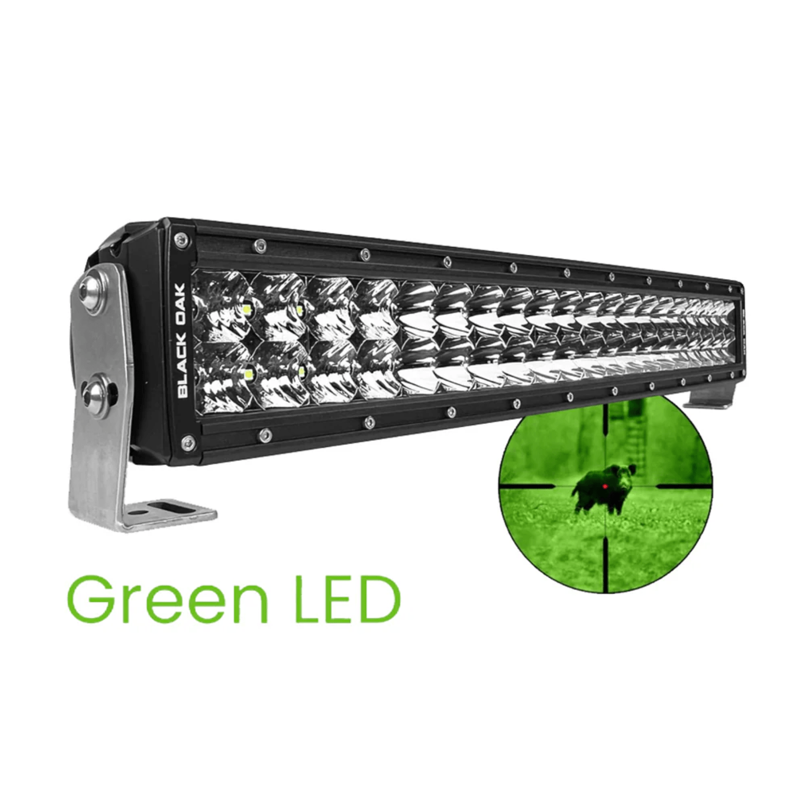 Black Oak 20-inch curved green LED predator light bar with combo optics, designed for powerful outdoor LED lighting.