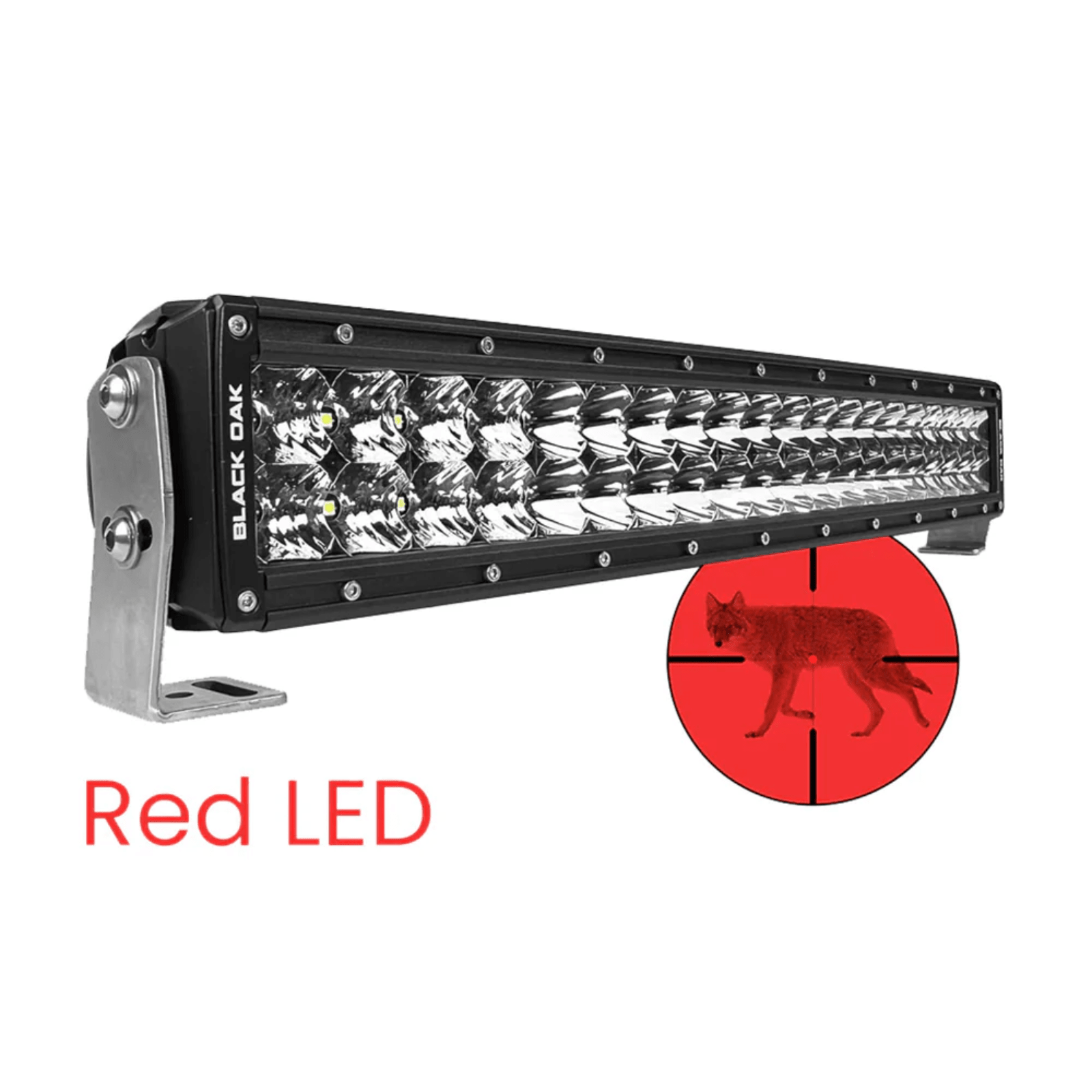 Black Oak 20-inch curved red LED predator light bar with combo optics, designed for LED lighting applications.