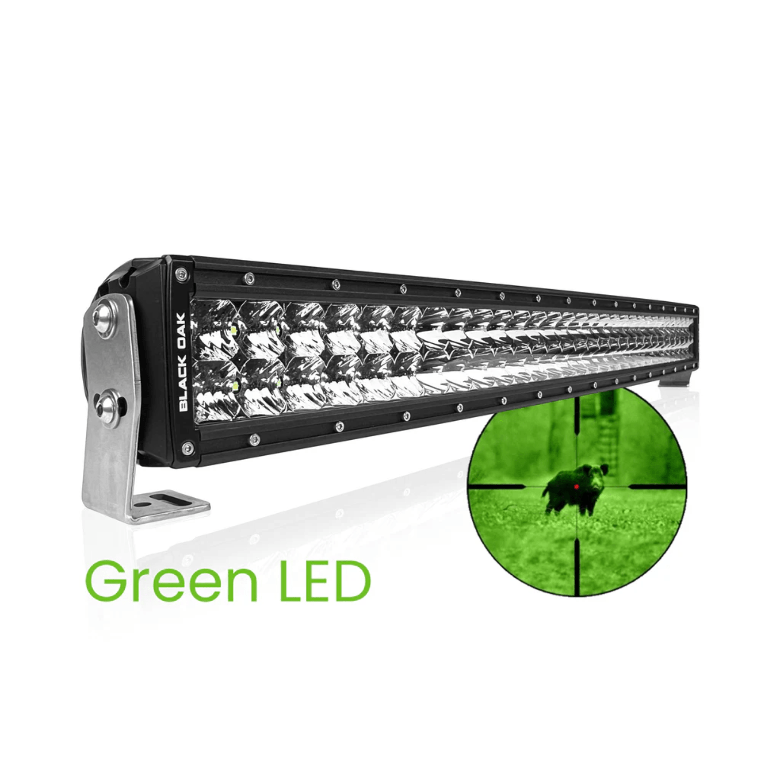 Black Oak LED 30-inch curved green predator double row light bar with combo optics for enhanced off-road illumination.