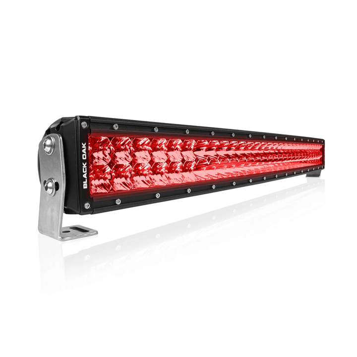 Black Oak LED 30-inch curved red LED predator light bar with double row combo optics for enhanced off-road illumination.