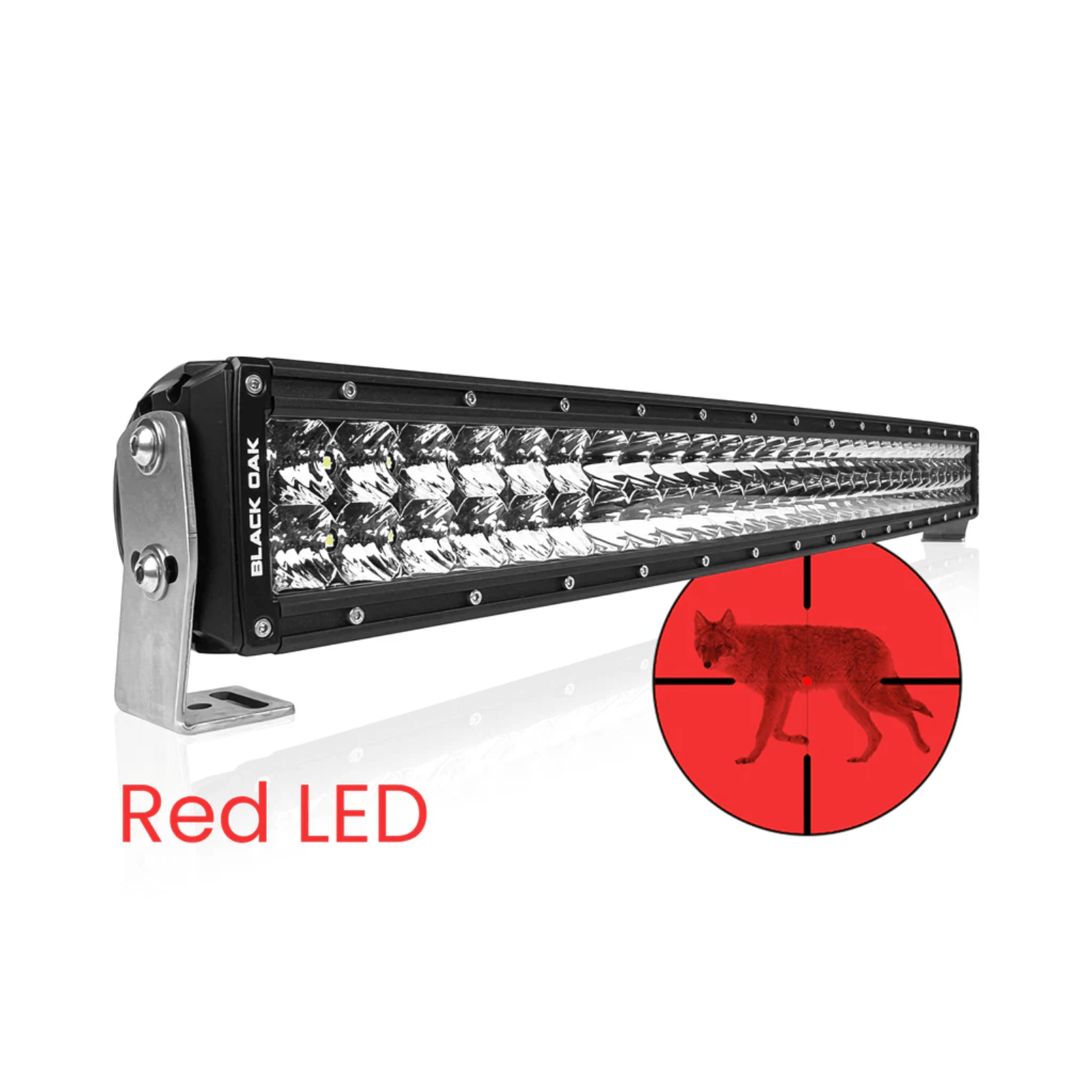 Black Oak LED 30-inch curved red LED predator double row light bar with combo optics, designed for off-road and vehicle lighting.