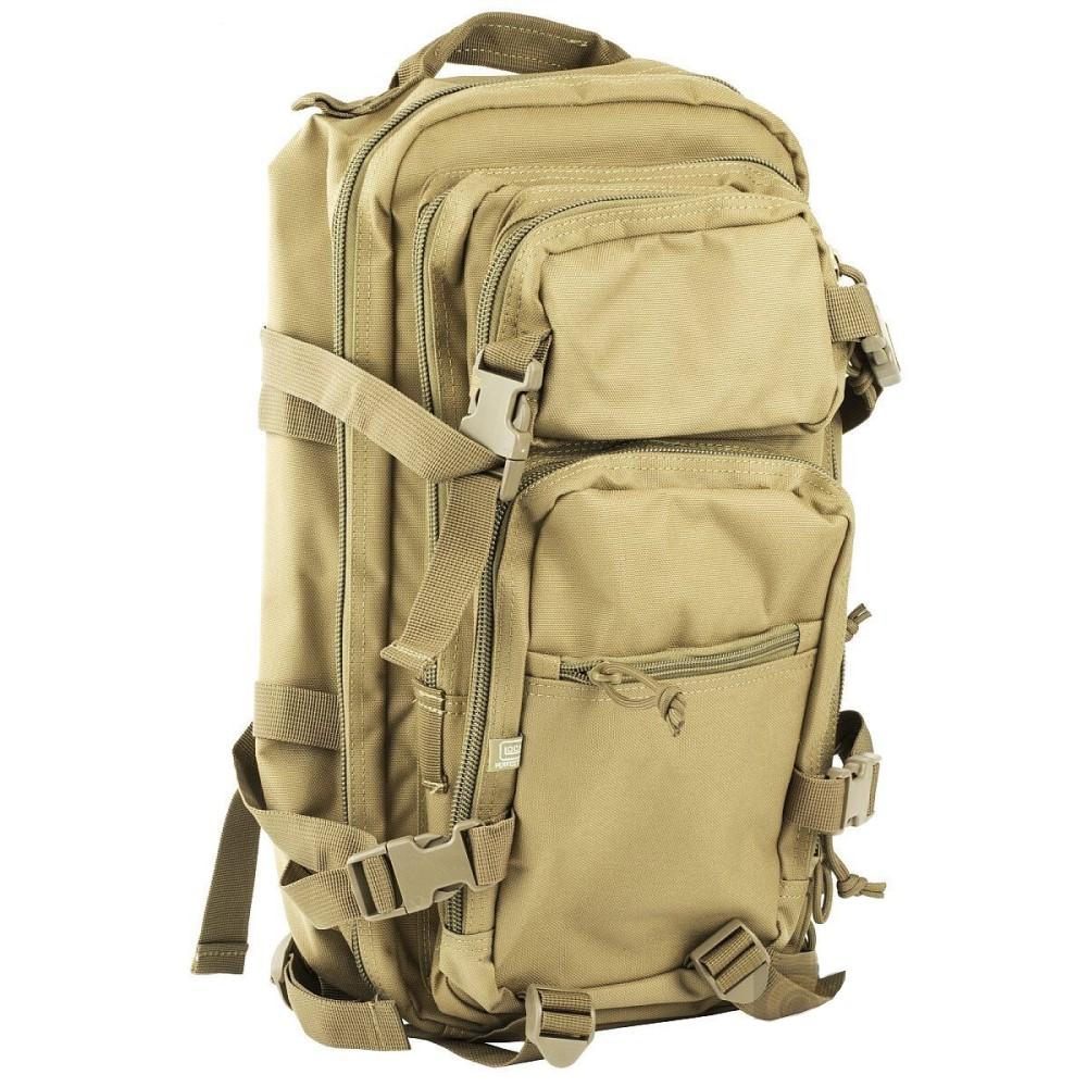 Chattanooga Glock backpack in coyote color, durable compact outdoor travel storage bag with multiple compartments.