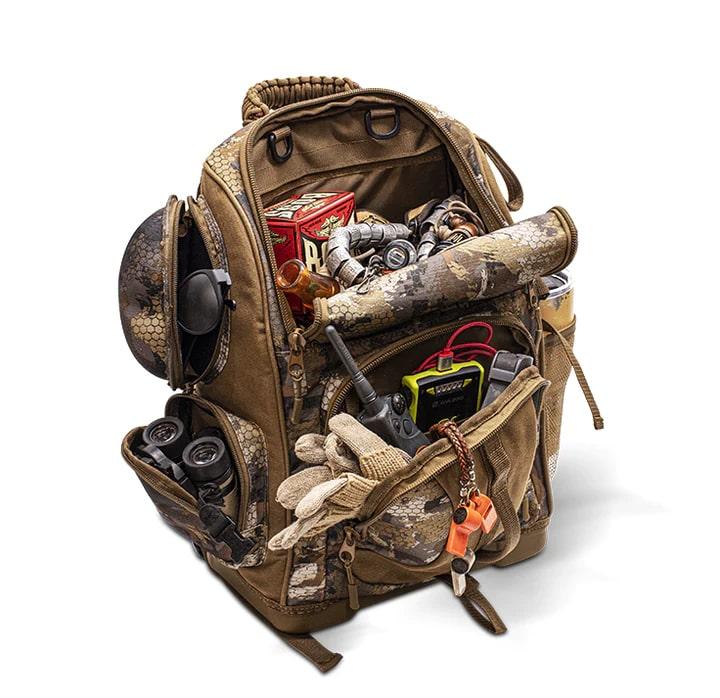 Chattanooga Lowdown Floating Backpack in Optifade Timber camouflage with multiple compartments and adjustable straps.