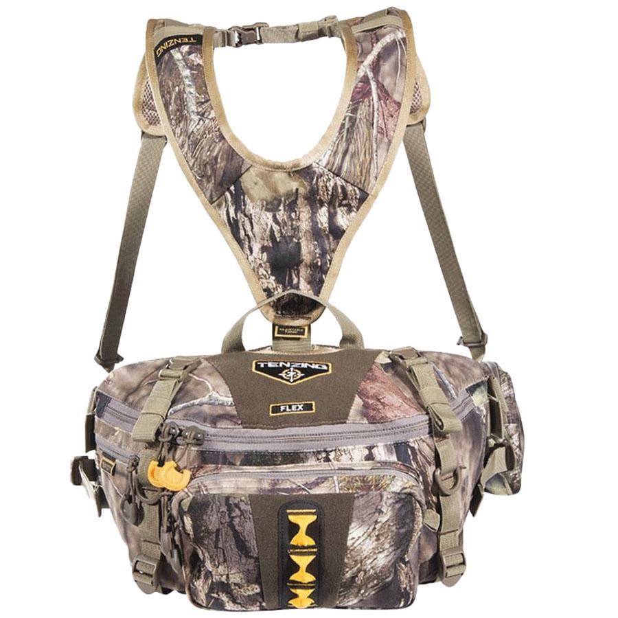 Chattanooga Tenzing Flex lumbar pack in Mossy Oak Breakup Country camouflage, designed for outdoor hiking with durable materials.