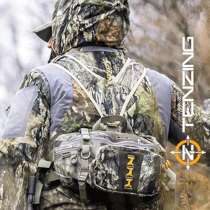 Chattanooga Tenzing Flex Lumbar Pack in Mossy Oak Breakup Country camouflage, durable outdoor hiking backpack with multiple compartments.