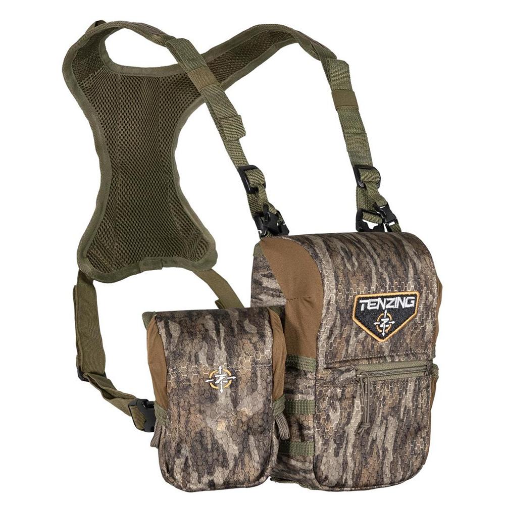 Chattanooga Tenzing bino harness in small size with Mossy Oak Bottomland camouflage, designed for secure binocular carrying.