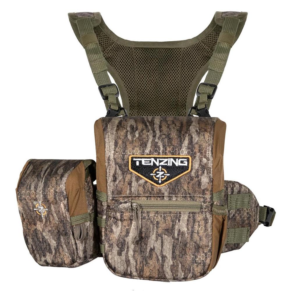 Chattanooga Tenzing Bino Harness Small in Mossy Oak Bottomland camouflage, designed for secure binocular carrying and quick access.