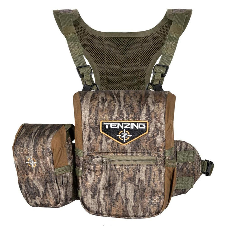 Chattanooga Tenzing Bino Harness Small in Mossy Oak Bottomland camouflage, designed for secure binocular carrying and quick access.