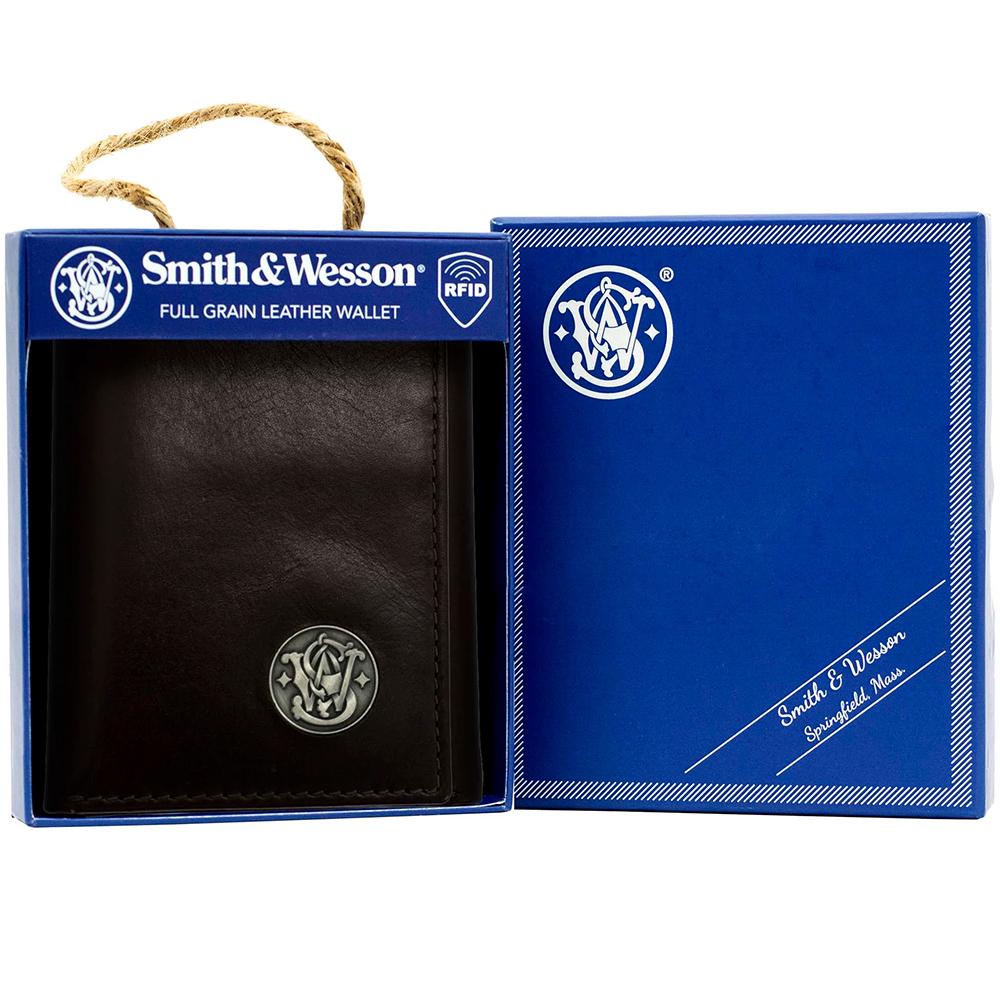 S&W Tri - Fold Wallet Brown Top Grain Leather Durable Compact RFID Protection - POWER FIT SHOP — Powering Preparedness, Health & Home
