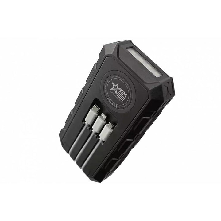 Chattanooga AGM solar powerbank with wireless charger, 30000mAh rugged portable battery pack, black exterior with solar panel