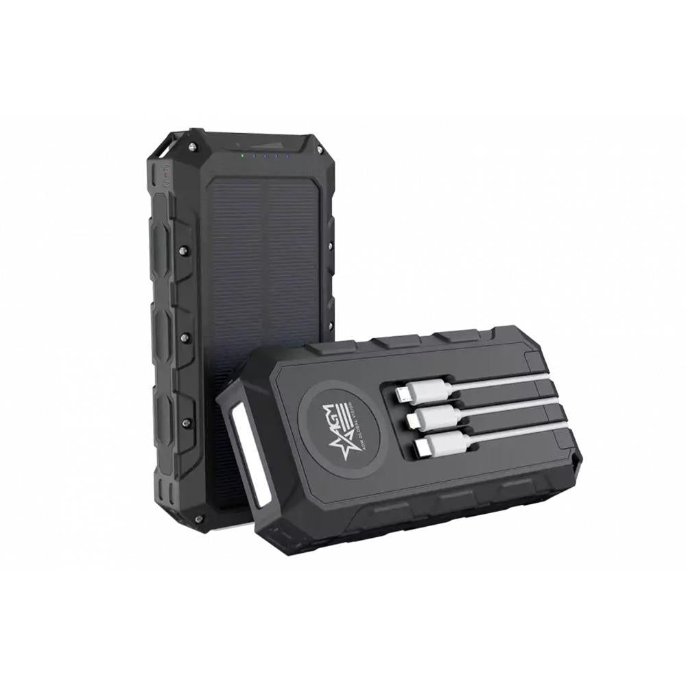 Chattanooga AGM Solar Powerbank with wireless charger, 30000mAh rugged portable battery pack with solar panel and LED indicators.