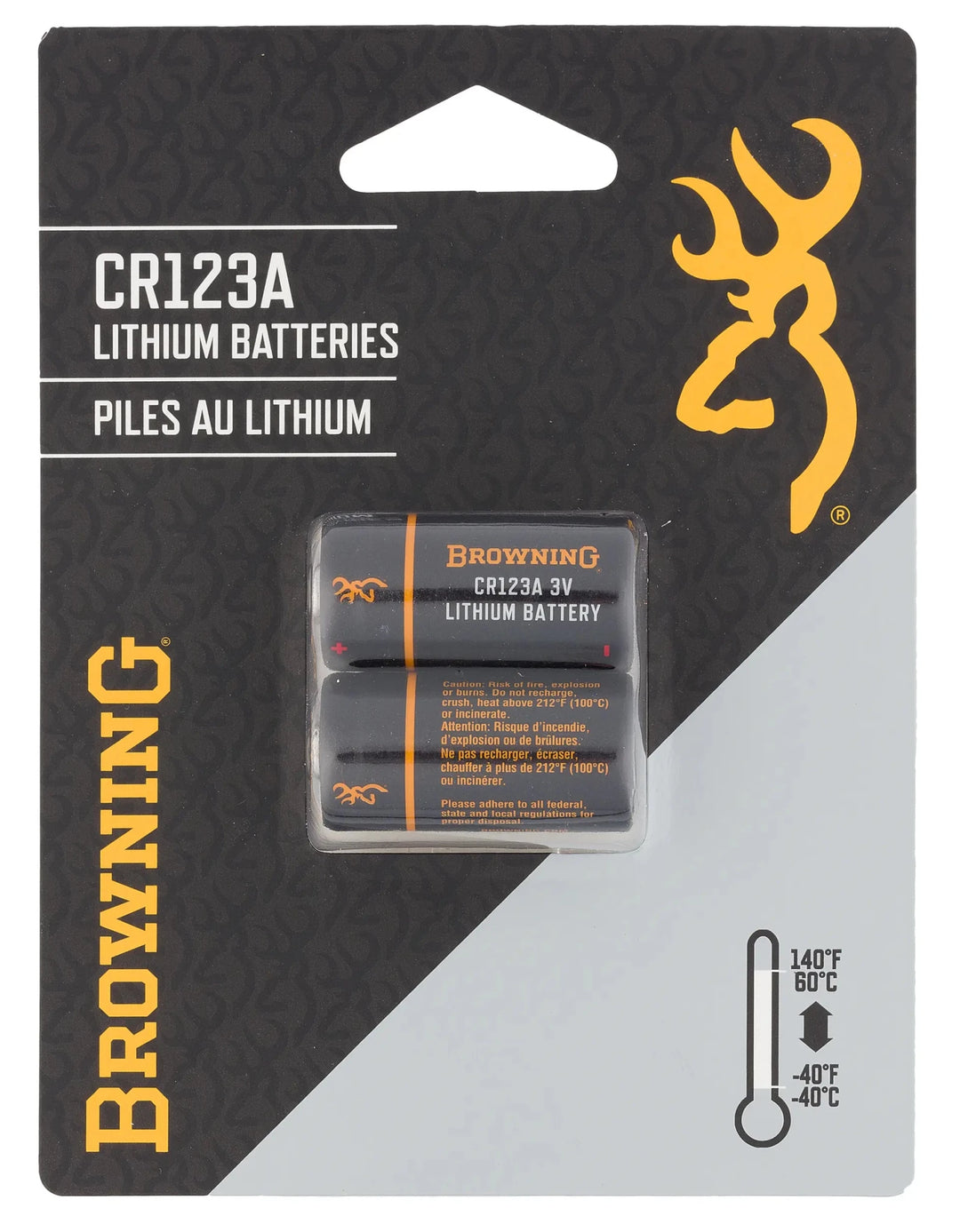 Chattanooga Browning CR123A 3V lithium batteries on a white background, showing the battery&