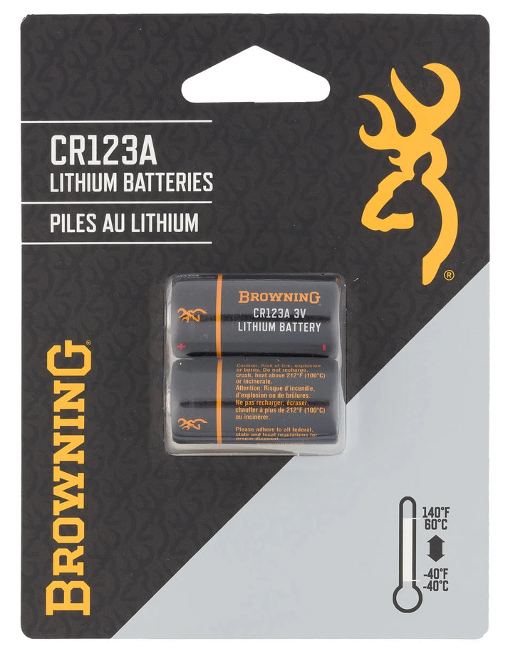 Chattanooga Browning CR123A 3V lithium batteries on a white background, showing the battery&