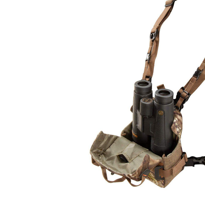 Chattanooga Allen Terrain Mesa bino case with harness in Mossy Oak Break Up Country camouflage, designed for binocular protection and carrying.