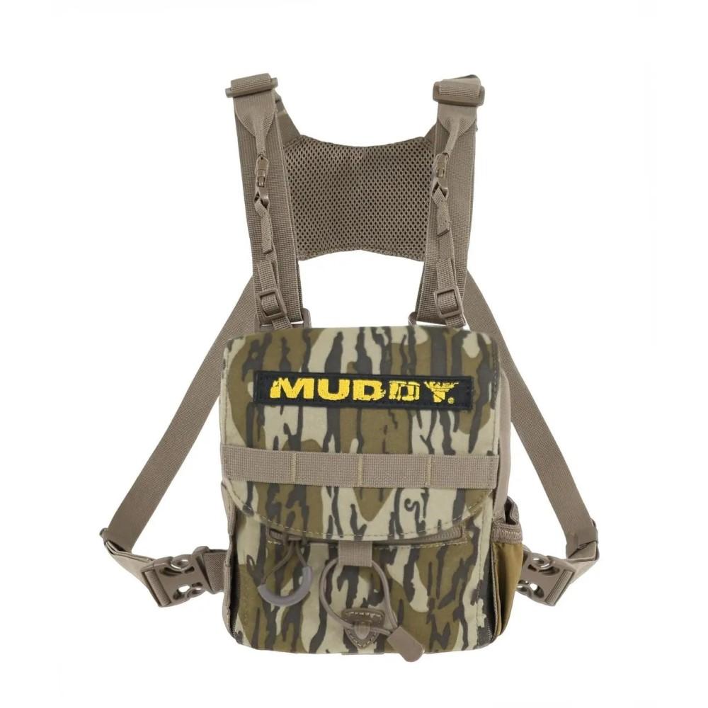Chattanooga Muddy Pro Series binocular harness in Mossy Oak Bottomland camouflage, lightweight and durable outdoor binocular case.