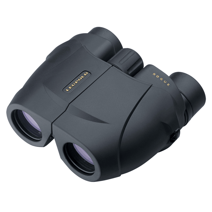 Chattanooga Leupold BX-1 Rogue compact binocular with 10x25mm inverted Porro prism, black finish, showing eyepieces and lenses.