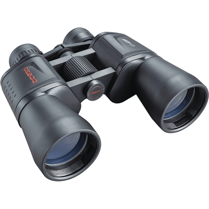 Chattanooga Tasco Essentials 12x50mm black porro binoculars with 18 ft focus, full-size design, ideal for outdoor viewing.
