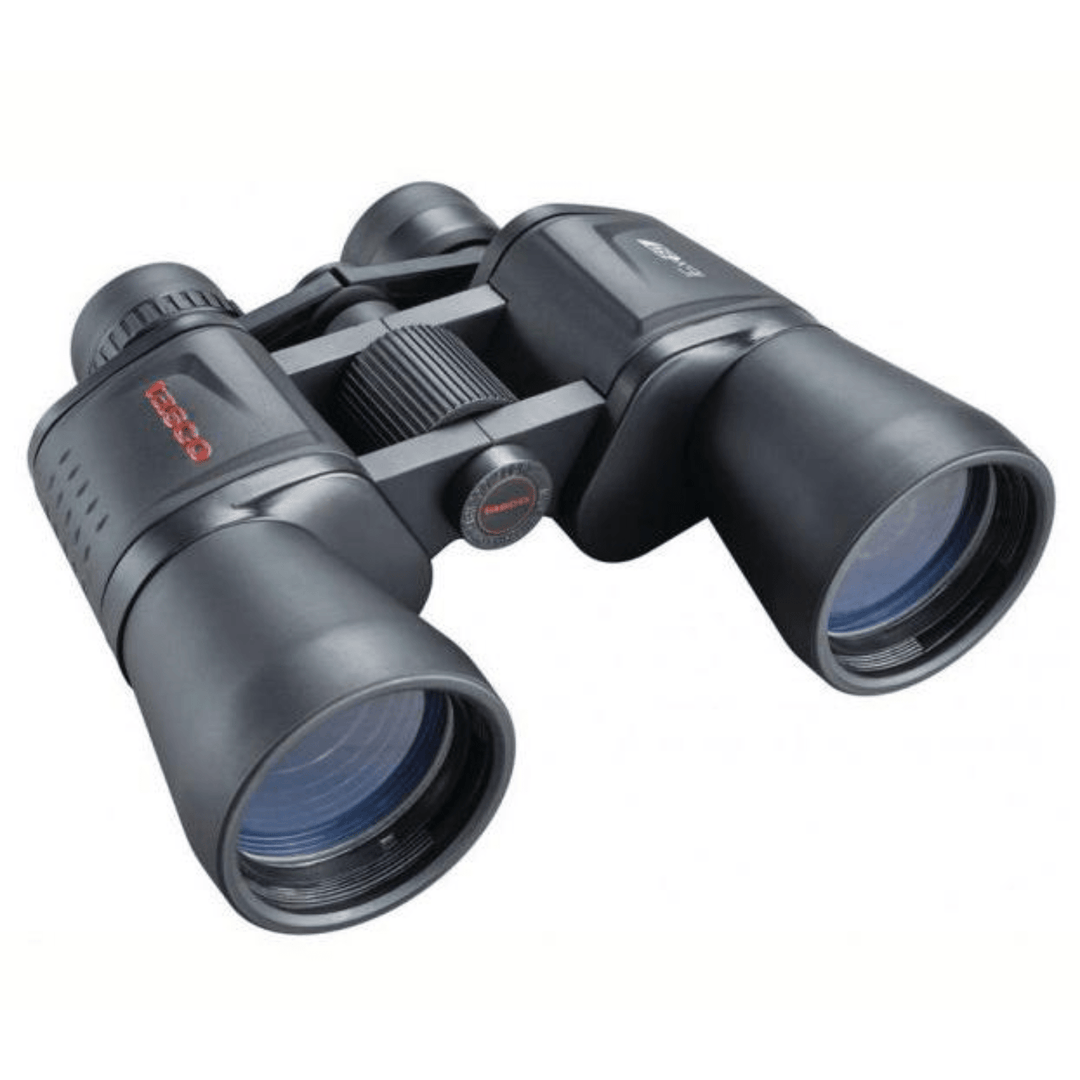 Chattanooga Tasco Essentials 16x50mm black porro binoculars with MC coating, showing detailed lenses and ergonomic design.