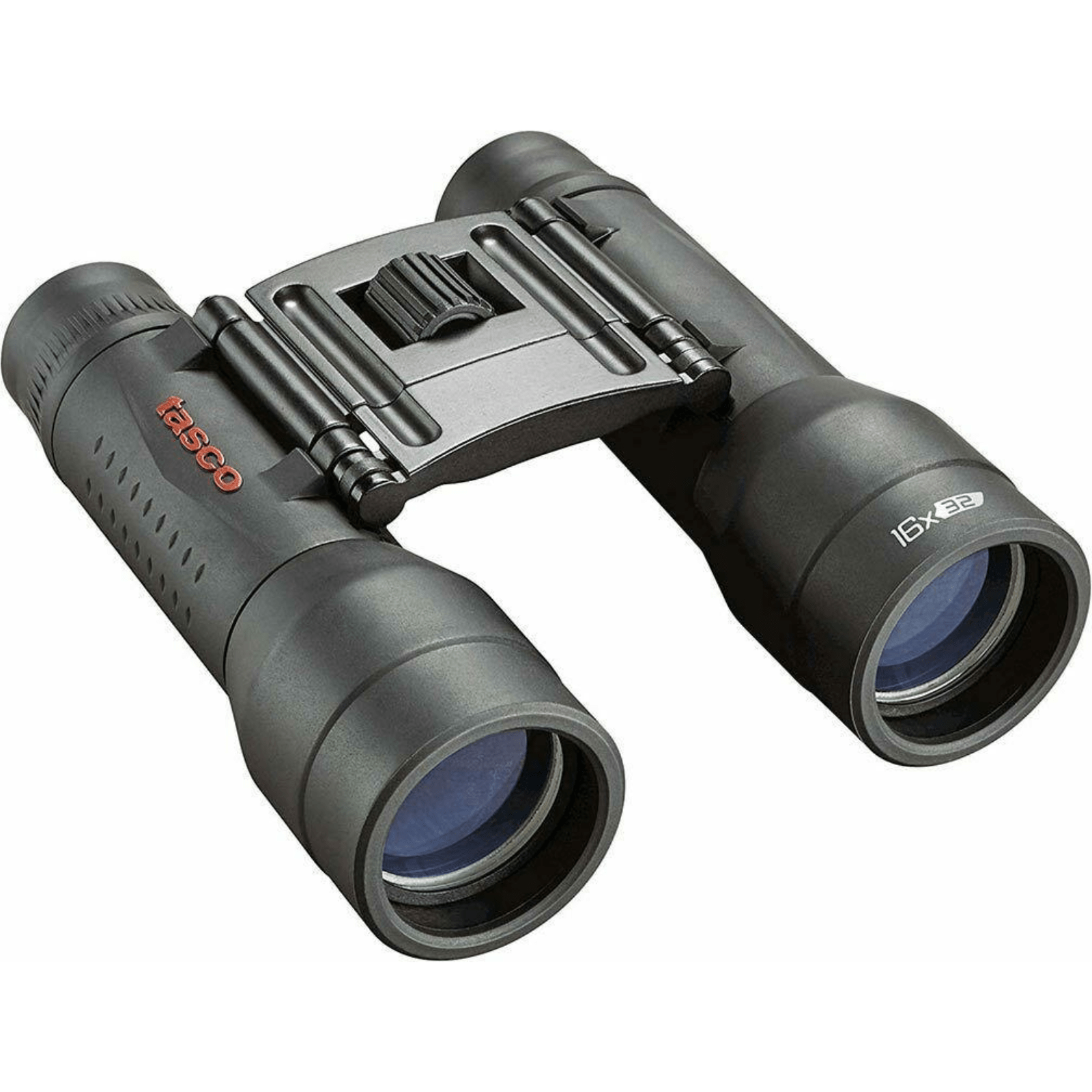 Chattanooga Tasco Essentials Roof Binocular 16x32mm black with MC coating, showing close-up of binoculars with protective box.