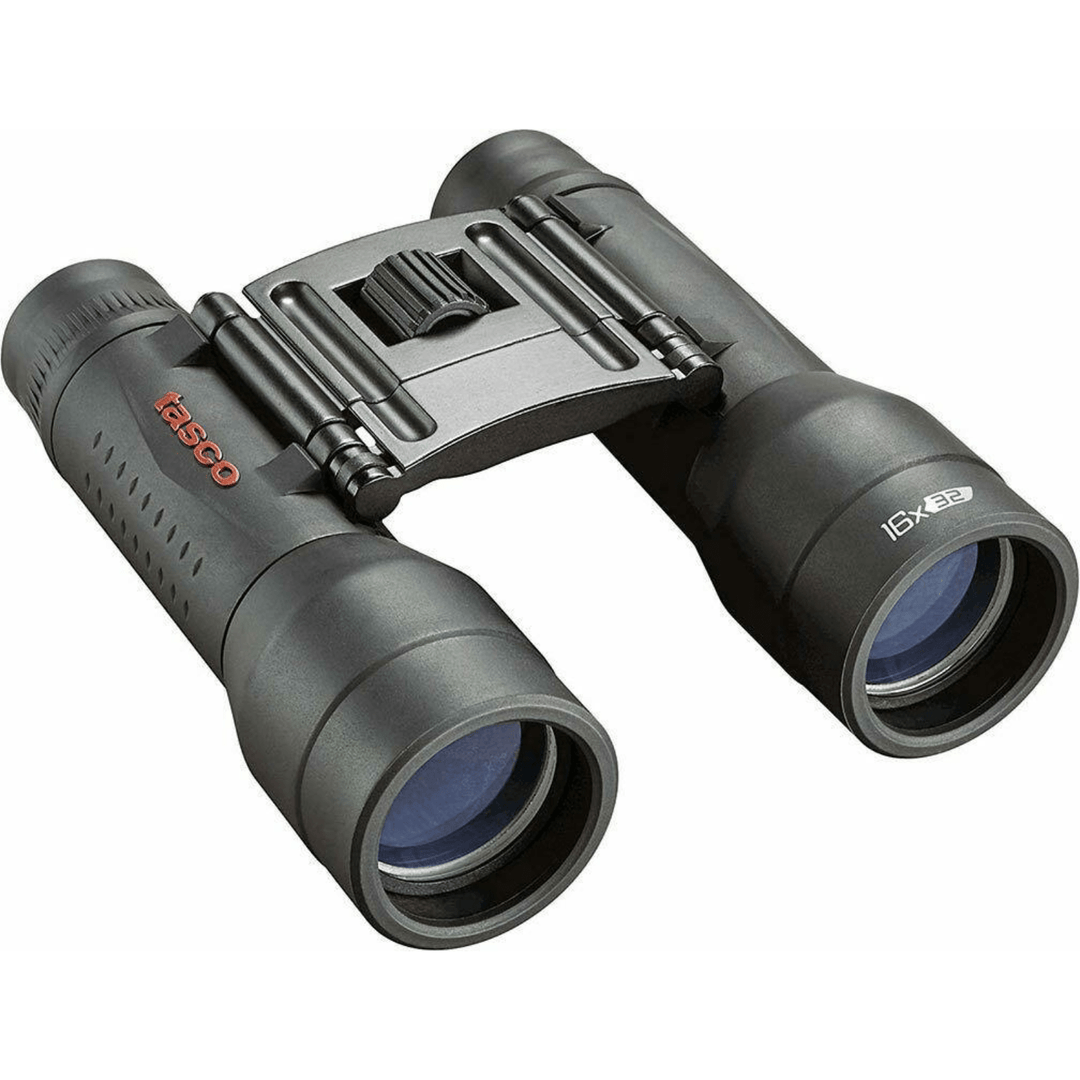 Chattanooga Tasco Essentials Roof 16x32mm binocular with black finish, compact design, and 6L waterproof case.