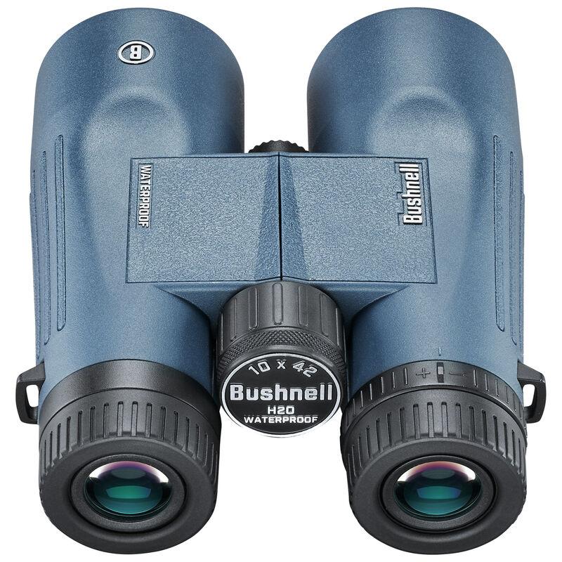 Chattanooga Bushnell 10x42mm dark blue roof binoculars with twist-up eyecups, waterproof and fog proof, in box.
