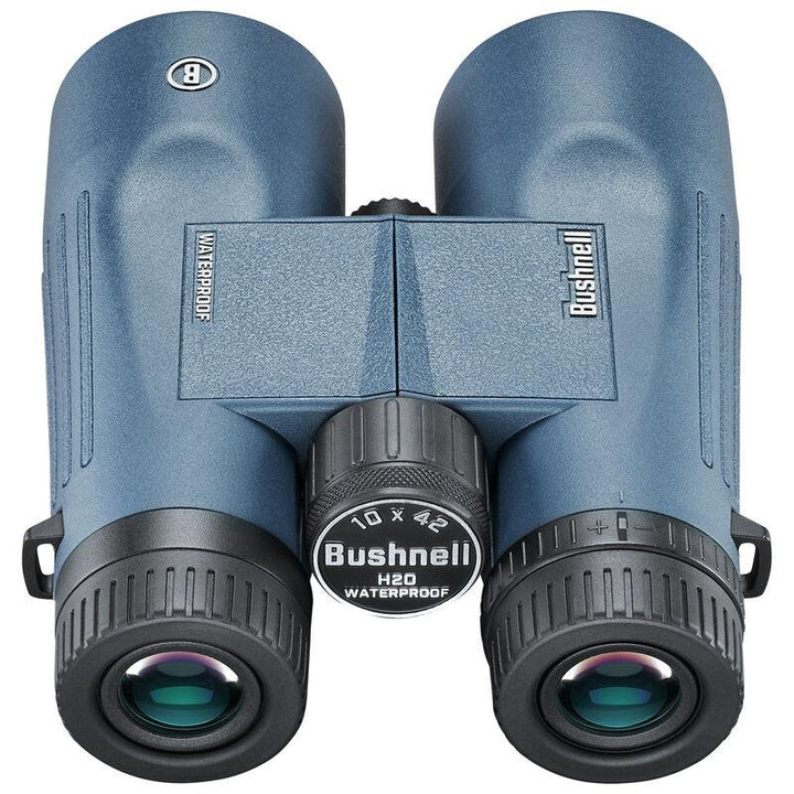 Chattanooga Bushnell 10x42mm dark blue roof binoculars with twist-up eyecups, waterproof and fog proof, in box.